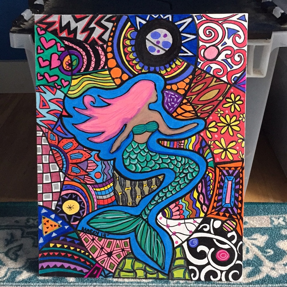 Mermaid 🧜‍♀️ acrylic pen art canvas 11x14 💕